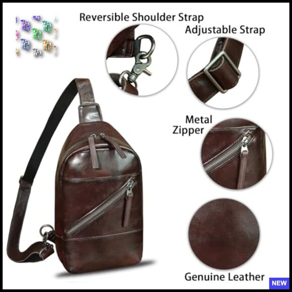 Genuine Leather Sling Backpack Retro Vintage Crossbody Bag Adjustable Strap - Picture 6 of 7